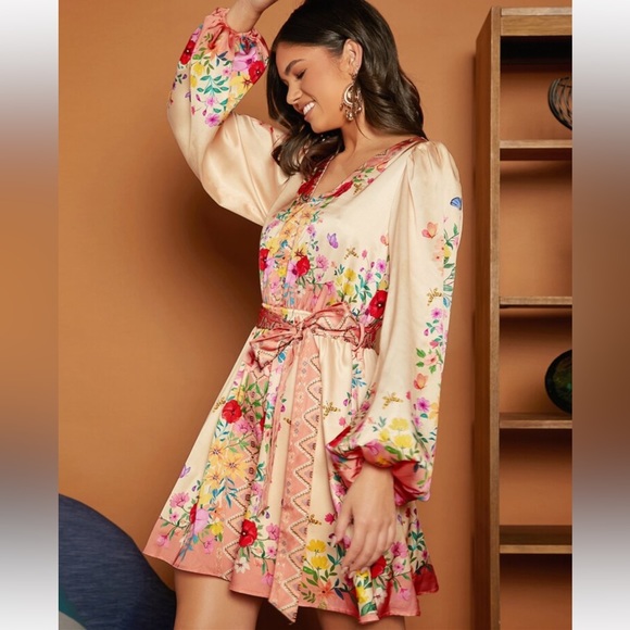 Boho Floral Print Long Sleeve Belted Satin Dress - Picture 5 of 5